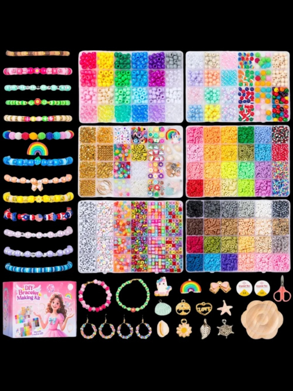 Bracelet Making Kit 6 Boxes w/ Pony, Clay, Letters, Charms, & Tools (ASIN-EYDD)